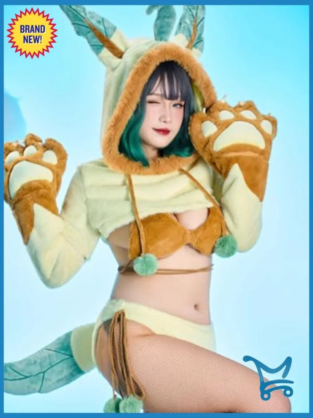 Women Anime Cosplay Lingerie Fluffy Paw Hoodie Bra Panty Set with Fishnet
